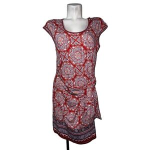 Max Studio Red Medallion Print Cap Sleeve Tie Waist Sheath Dress Womens Medium M